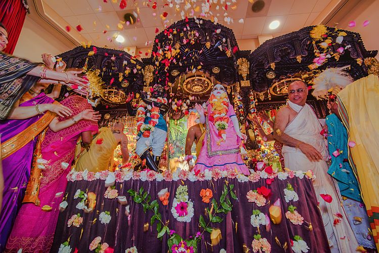 Radha-Madhava are showered with flowers